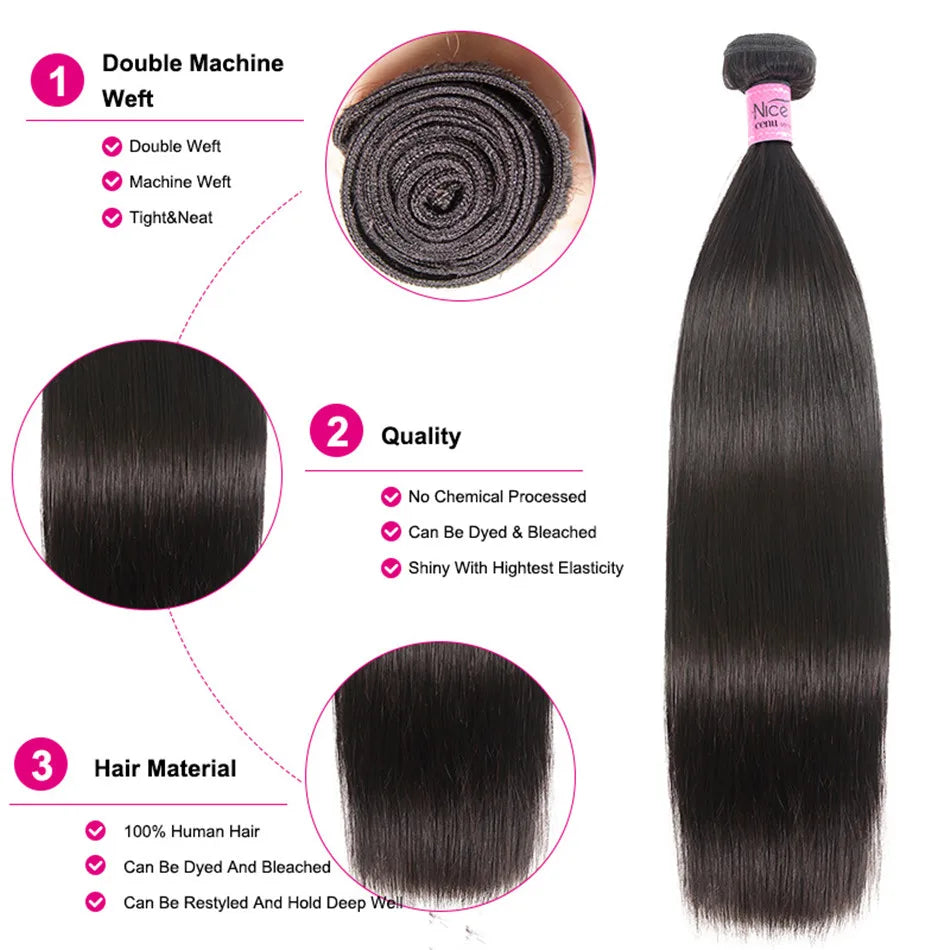 UNICE Peruvian Rett Hår 100% Menneskehår Extensions 8-30" Virgin Hår 1/3/4 Bunter
